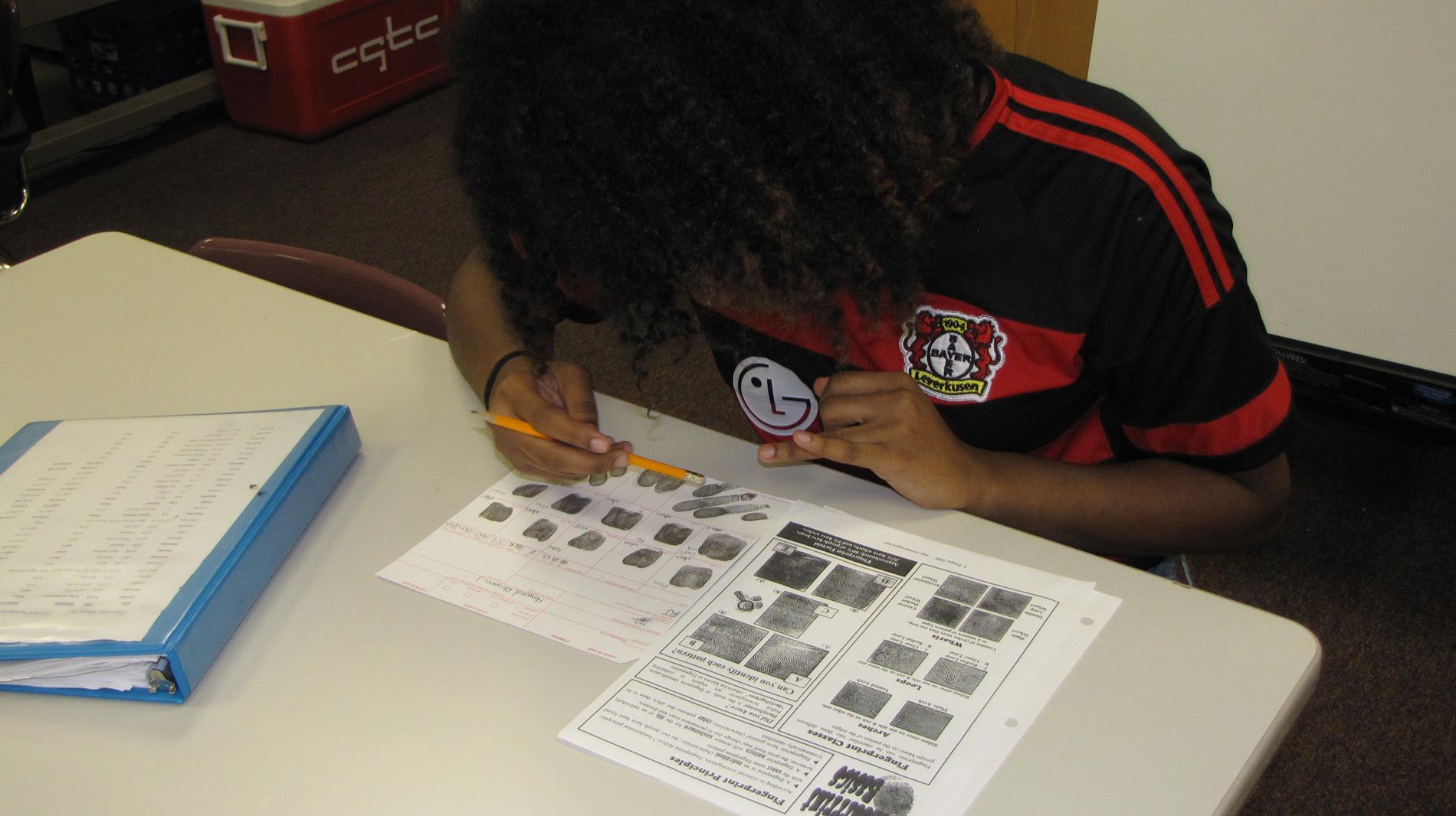 Students identifying and rolling fingerprints