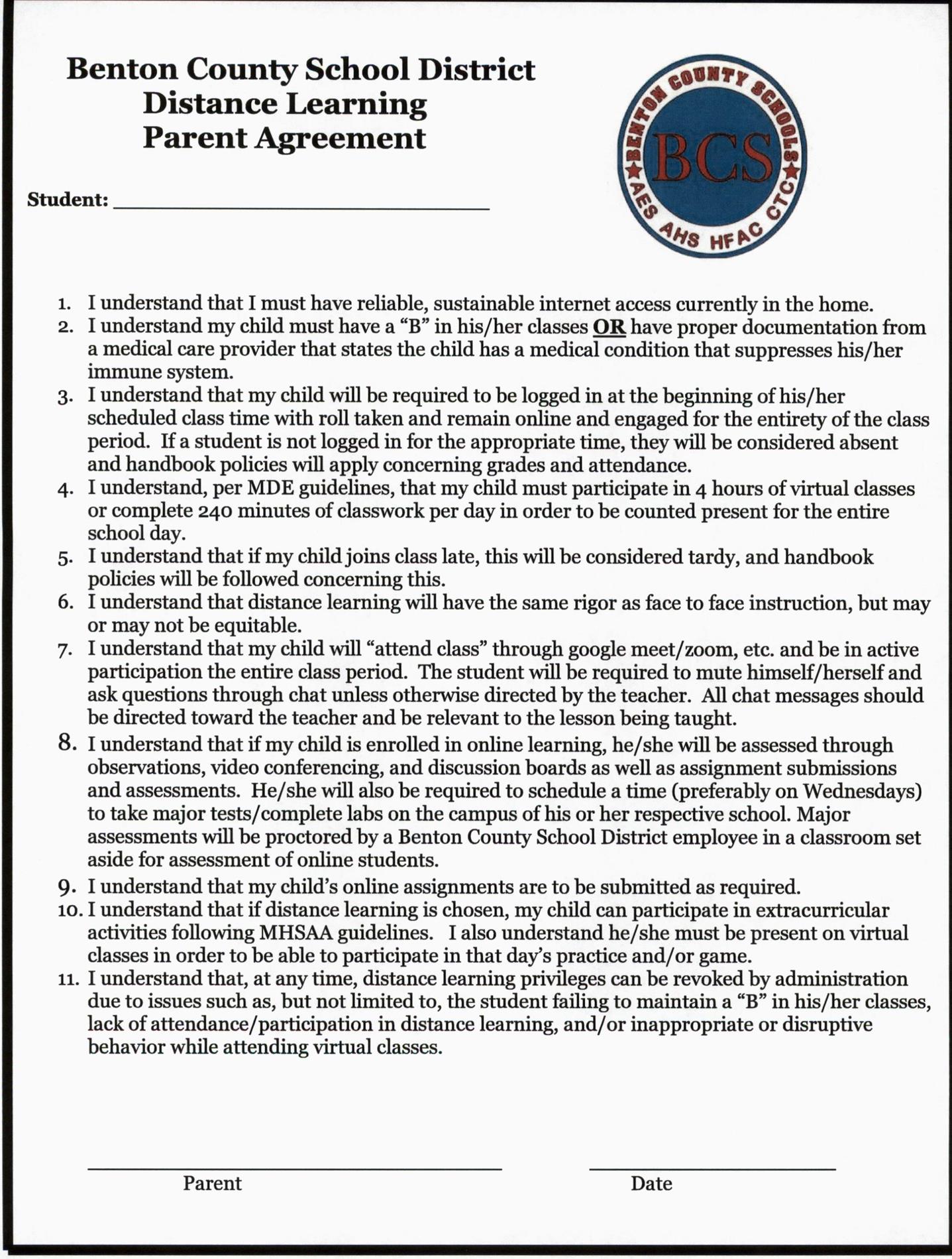 BCSD Distance Learning Parent Agreement BCSD Distance Learning Parent Agreement