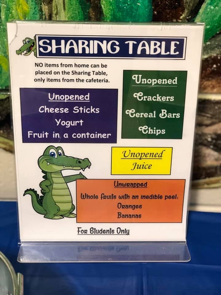 Alligator with sign stating Sharing Table. No items from home can be placed on the Sharing Table, only items from the cafeteria. Unopened items only: Cheese sticks, yogurt, fruit in a container, crackers, cereal bars, chips, juice, whole fruits with an inedible peel: Oranges, bananas.  For Students only. 
