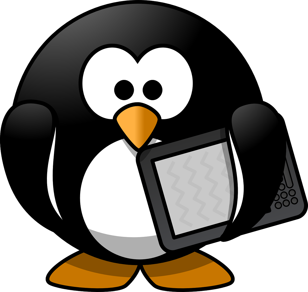 roly-poly little penguin with an ereader/tablet tucked under one wing.