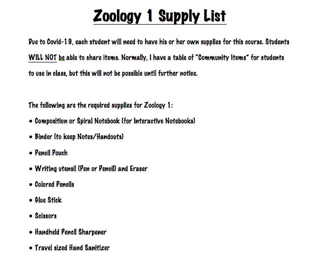 Zoology 1 Supply List