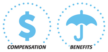 banner image with dollar sign representing compensation and an umbrella representing benefits