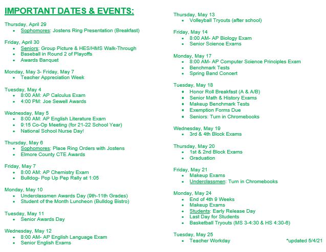 Important Dates and Events Important Dates and Events