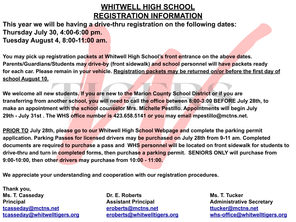 WHS Registration Information WHS Registration Information