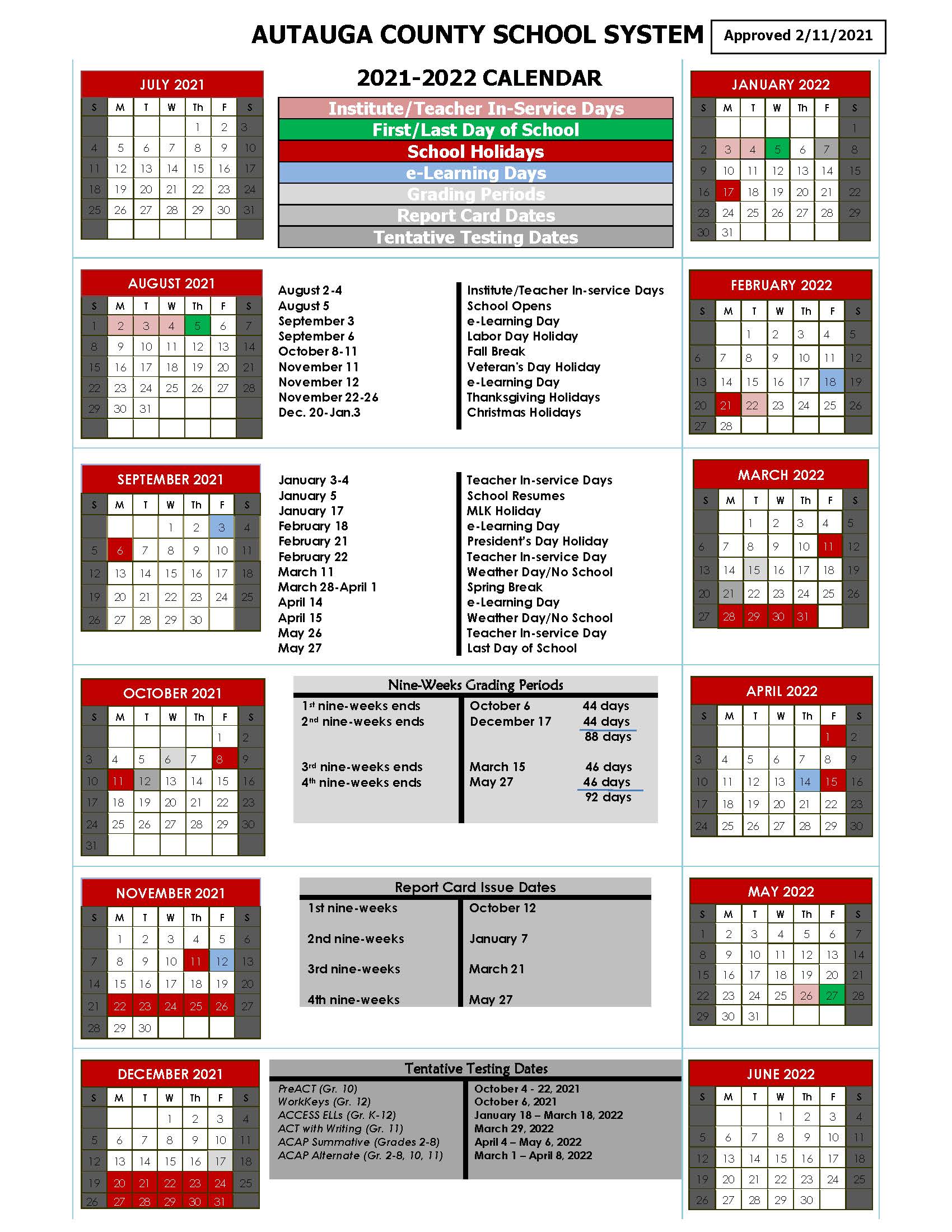 2021 22 School Calendar Autauga County Schools