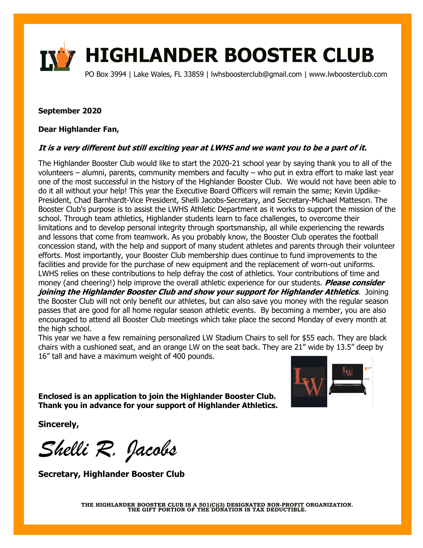 Booster Club Membership letter 2020
