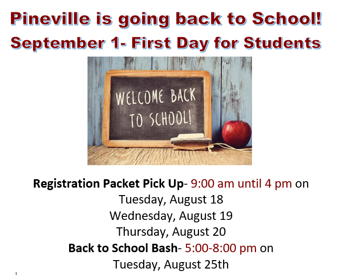 PINEVILLEISGOINGBACKTOSCHOOL! SEPTEMBER1- FIRST DAY FOR STUDENTS-small chalkboard on desk beside apple, says "Welcome back to school!"