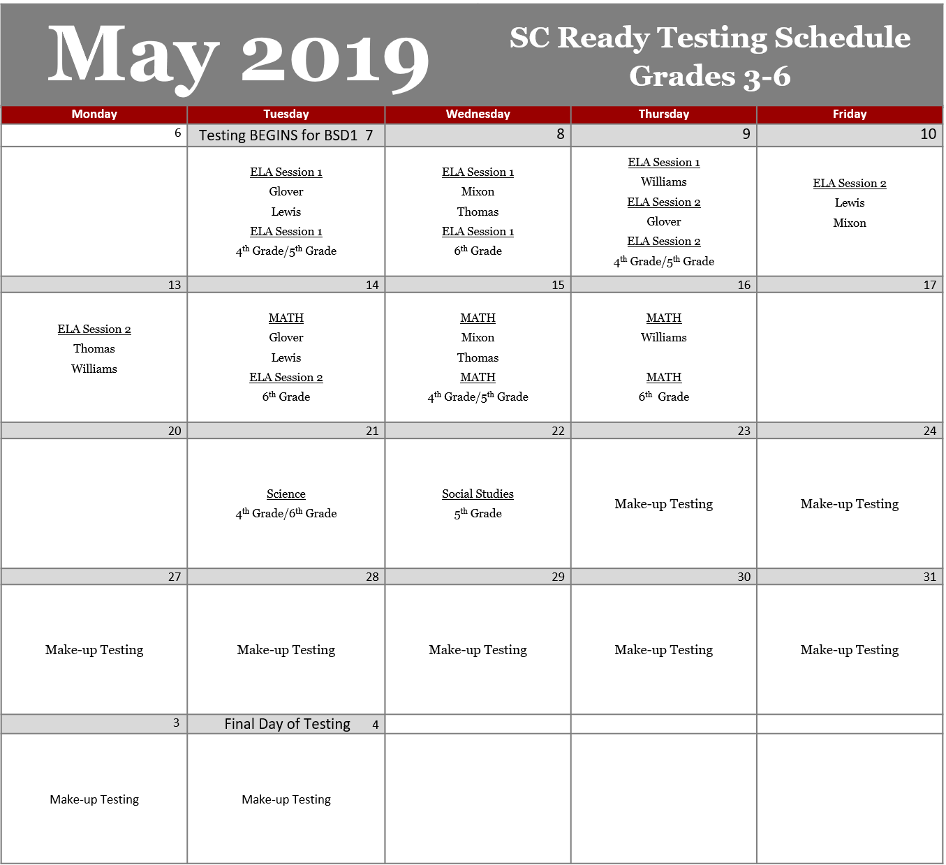 Testing Schedule 2019 Testing Schedule 2019
