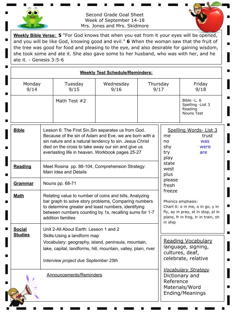 Goal Sheet for September 14-18 Goal Sheet for September 14-18