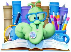 Worm wearing glasses sitting on top of a book