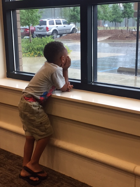 Young boy gazing out the window of the Spanish Fort Public Library.