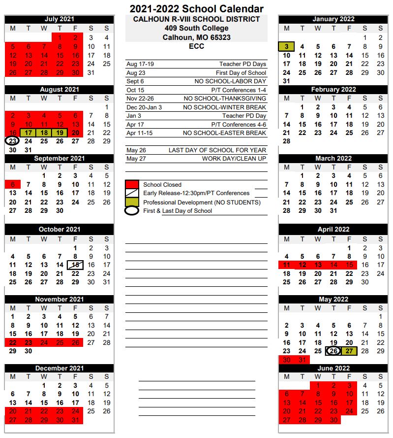 Mizzou Academic Calendar Fall 2022 2021-2022 District Calendars - Calhoun School Dist R-Viii