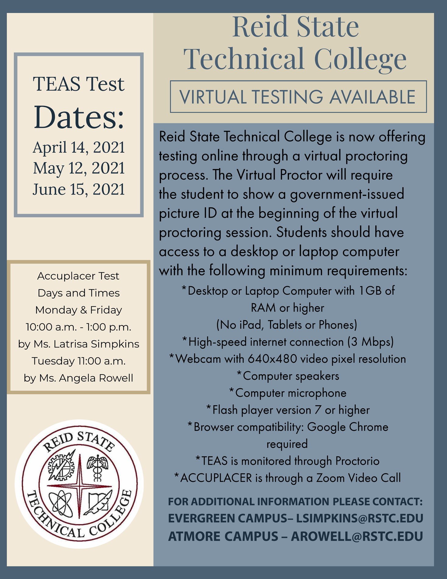Reid State Virtual Testing Poster Reid State Virtual Testing Poster