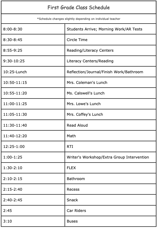 First Grade Class Schedule