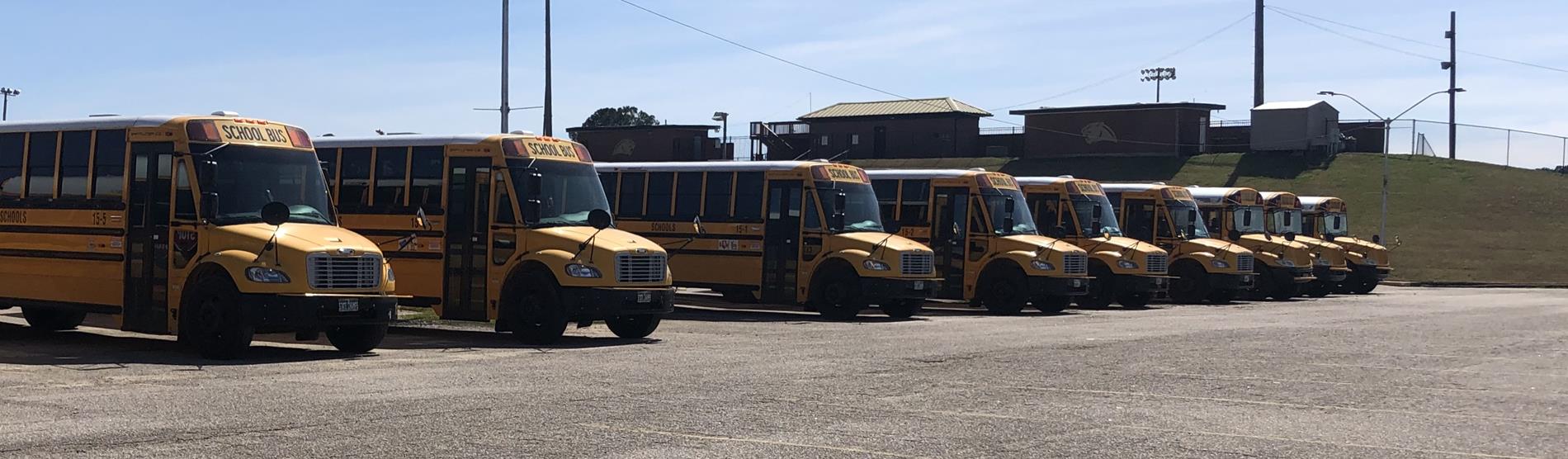 A photo of nine yellow school buses parked in a row.