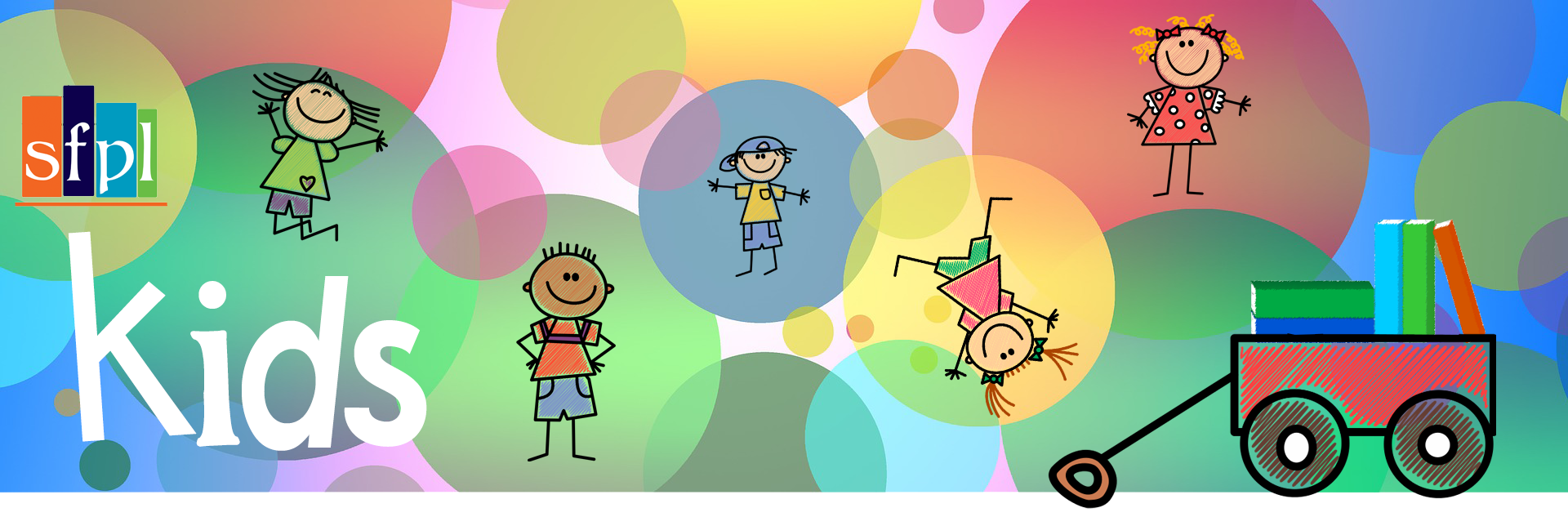 SFPL kids multicolored banner with crayon drawings of children SFPL kids multicolored banner with crayon drawings of children