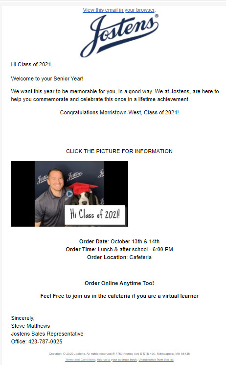 Josten's graduation supply orders will be Oct. 13,14 during lunch or after school in cafeteria until 6:00 p.m. Josten's graduation supply orders will be Oct. 13,14 during lunch or after school in cafeteria until 6:00 p.m.