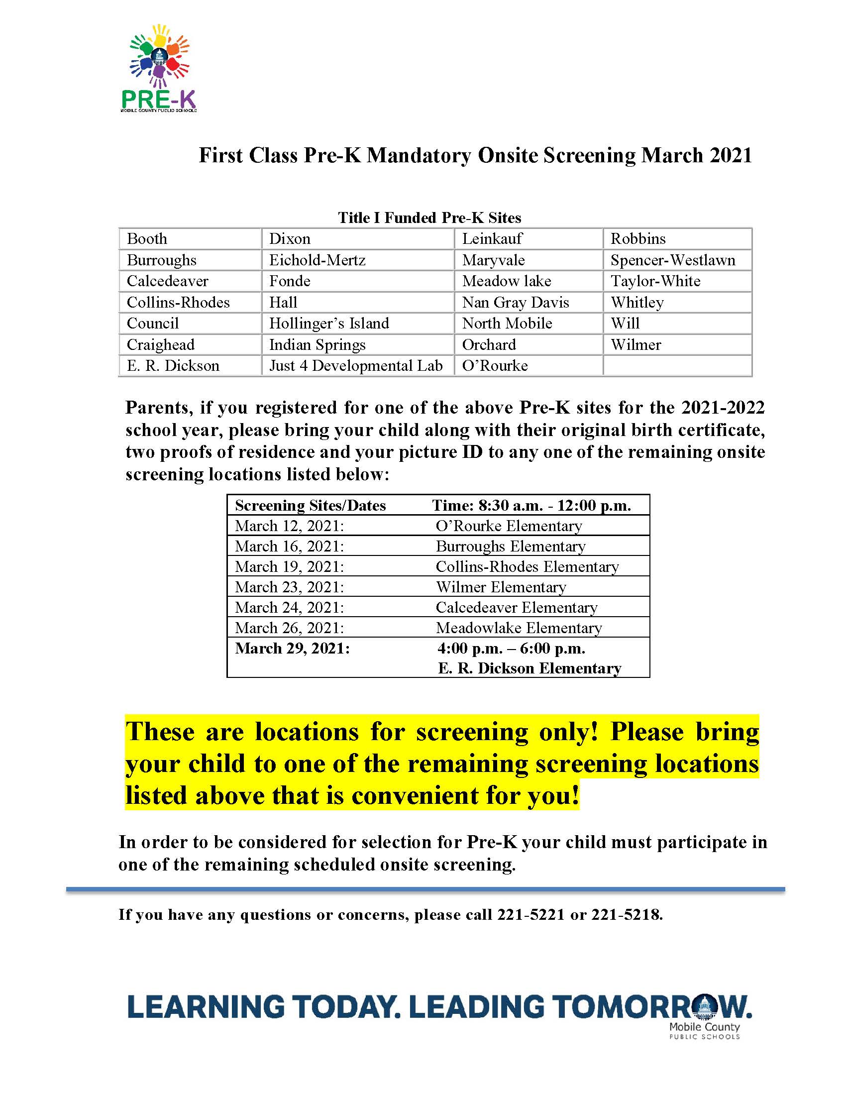 Pre-K Screening Dates and Locations