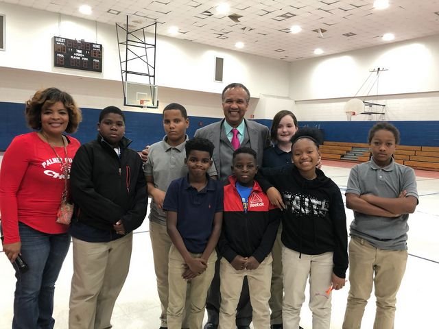 Principal Hollins, students and guest speaker