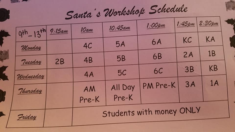 Santa Shop Schedule Santa Shop Schedule