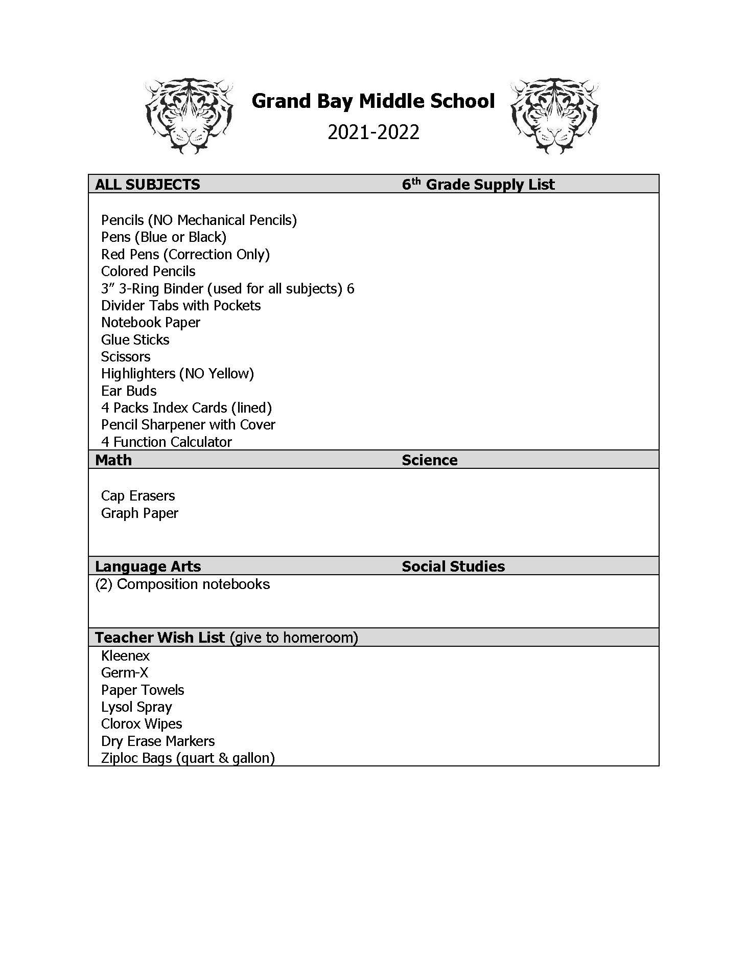 21-22 6th Grade Supply List