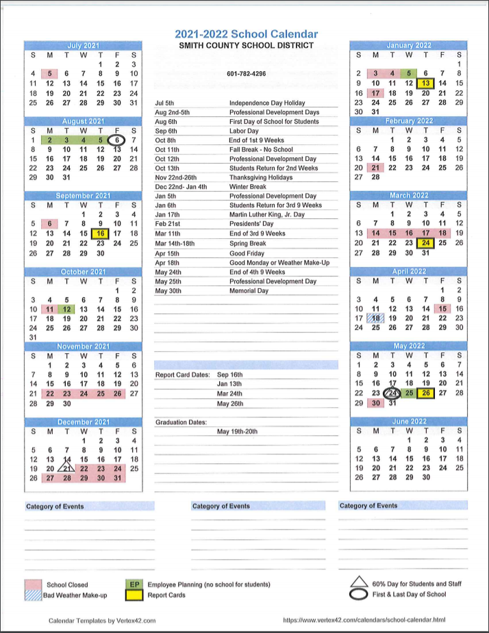 Smith County School District Holiday Calendar 2022-2023 - District