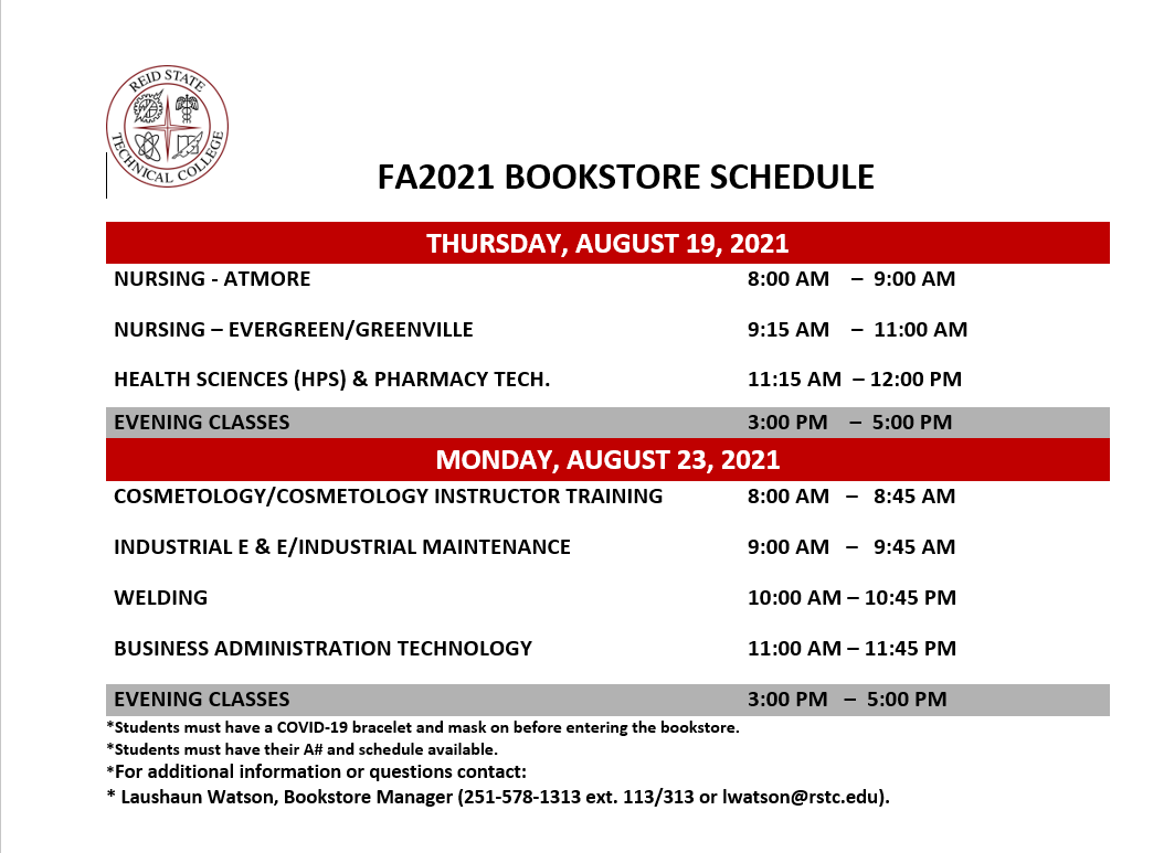 Fall 21 Bookstore Schedule