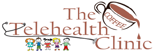 This image is the logo for Coffee County Schools telehealth clinic.  It has a coffee cup pouring.  There are also cartoon children in the image.