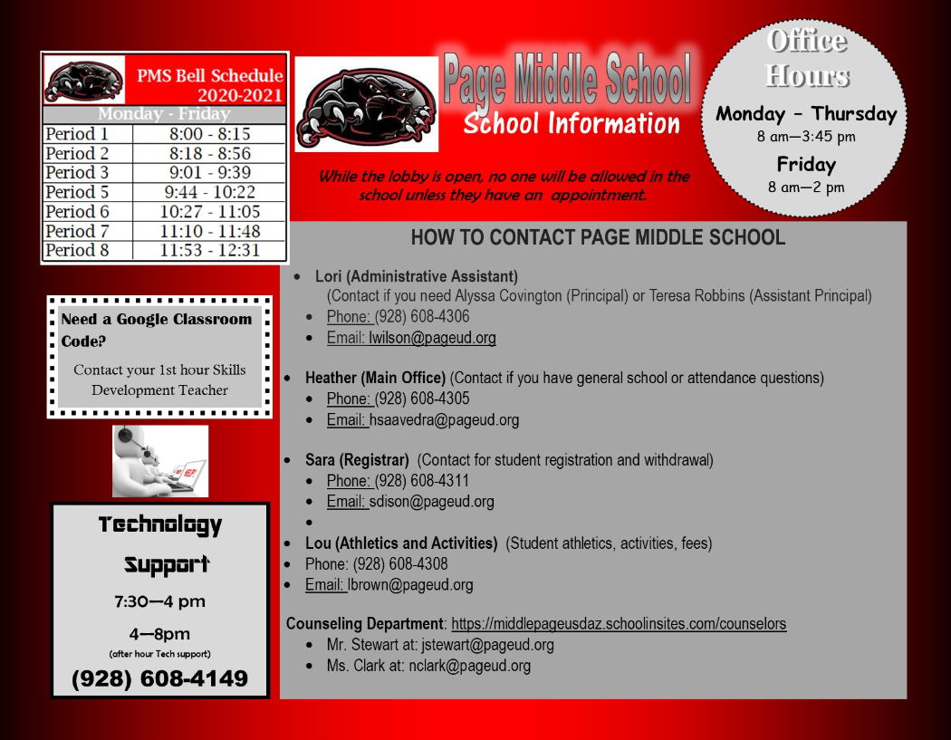 Page Middle School Parent Hotline, Technical Support, and School Day Information