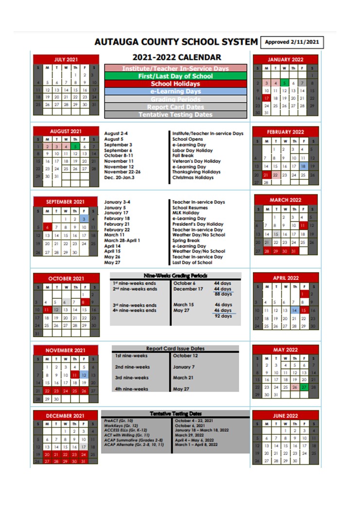 ACBOE Calendar 2021-2022
