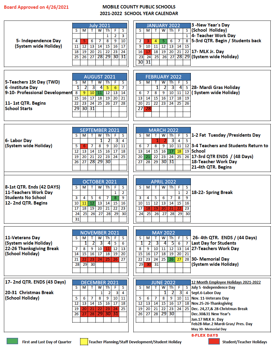 Mcps 2022 Calendar School Year Calendars - Mobile County Public Schools