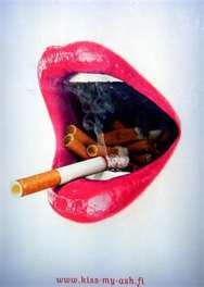 Opened mouth, red lips with cigarette