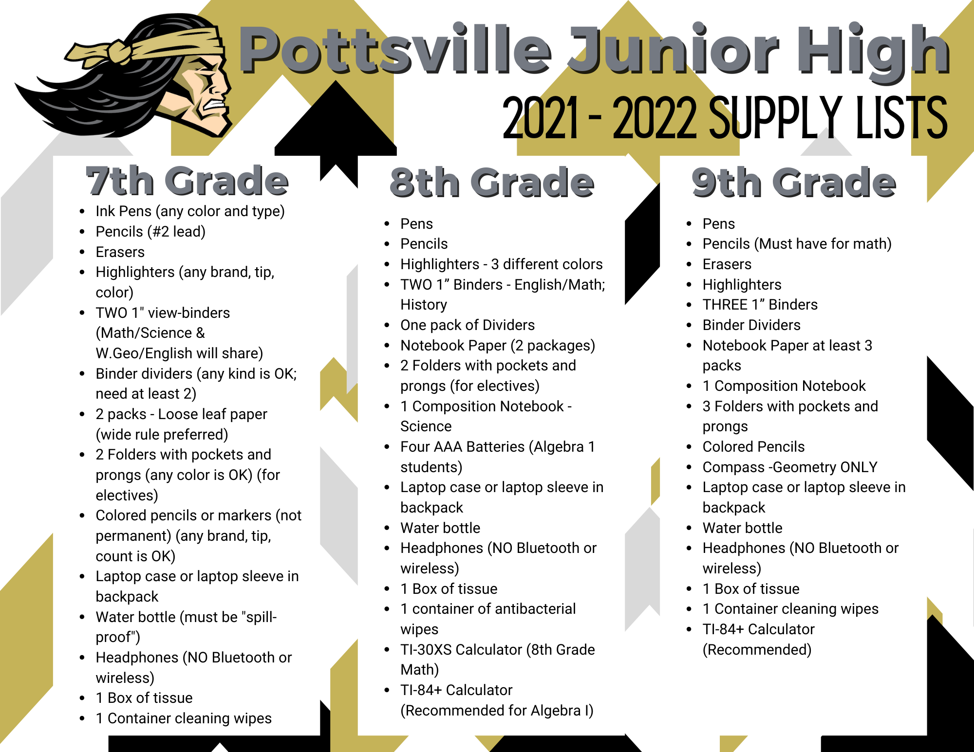 Junior High School Supply Lists - Pottsville Junior High School