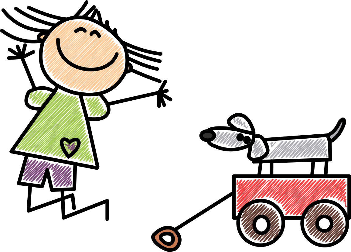 crayon drawing of a child jumping for joy beside a dog in a red wagon