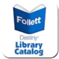 Outside view of an open book with the words Follett Destiny Library Catalog written across it 