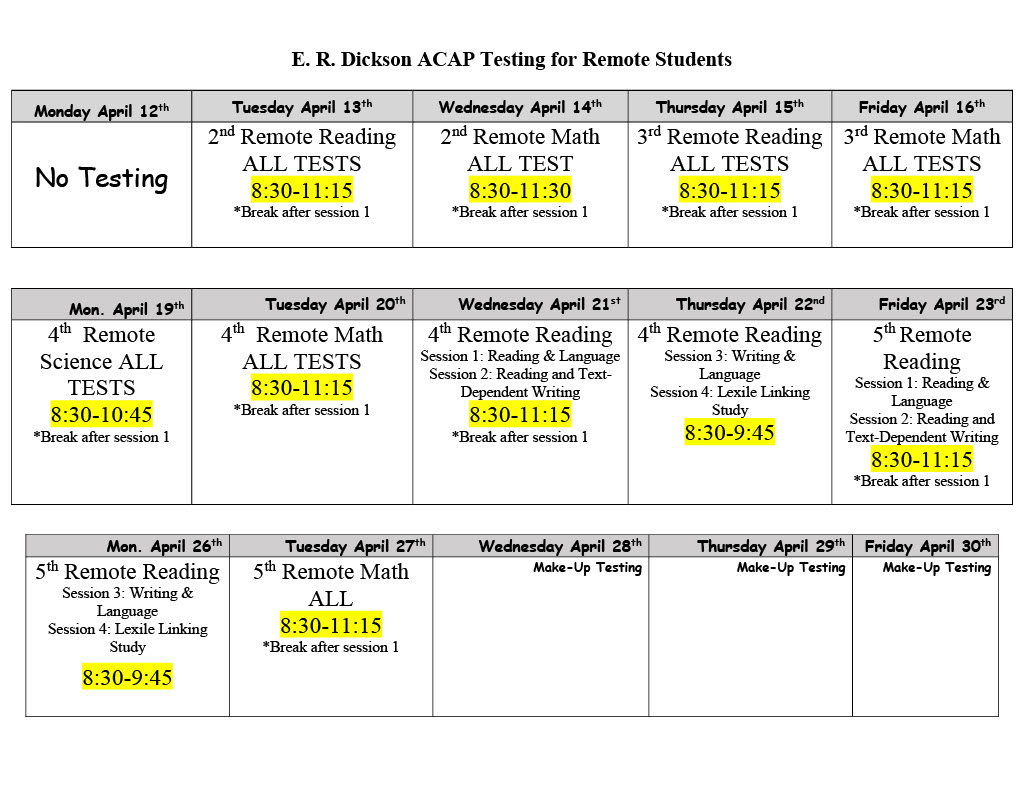 Remote Students Testing Schedule