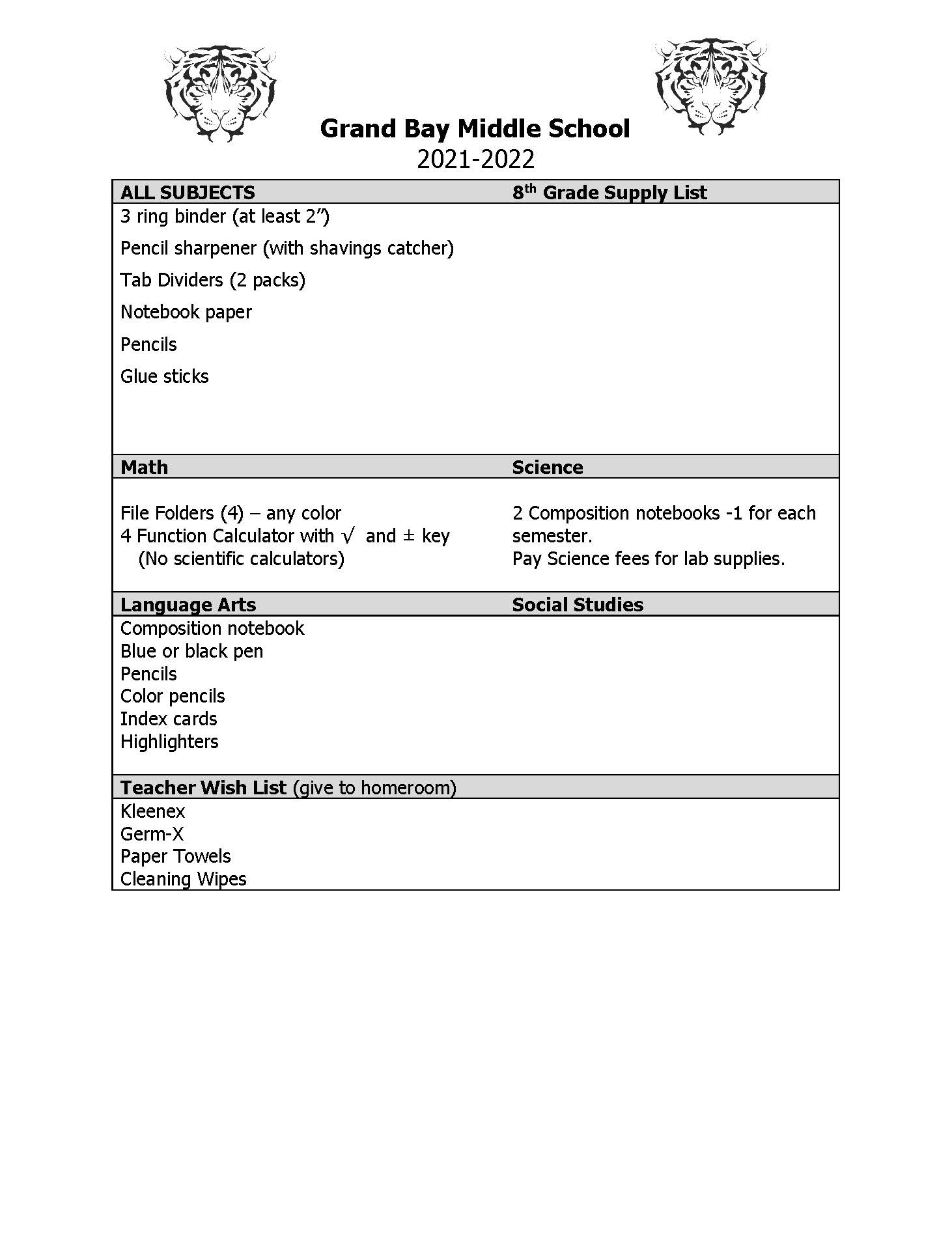 21-22 8th Grade Supply List