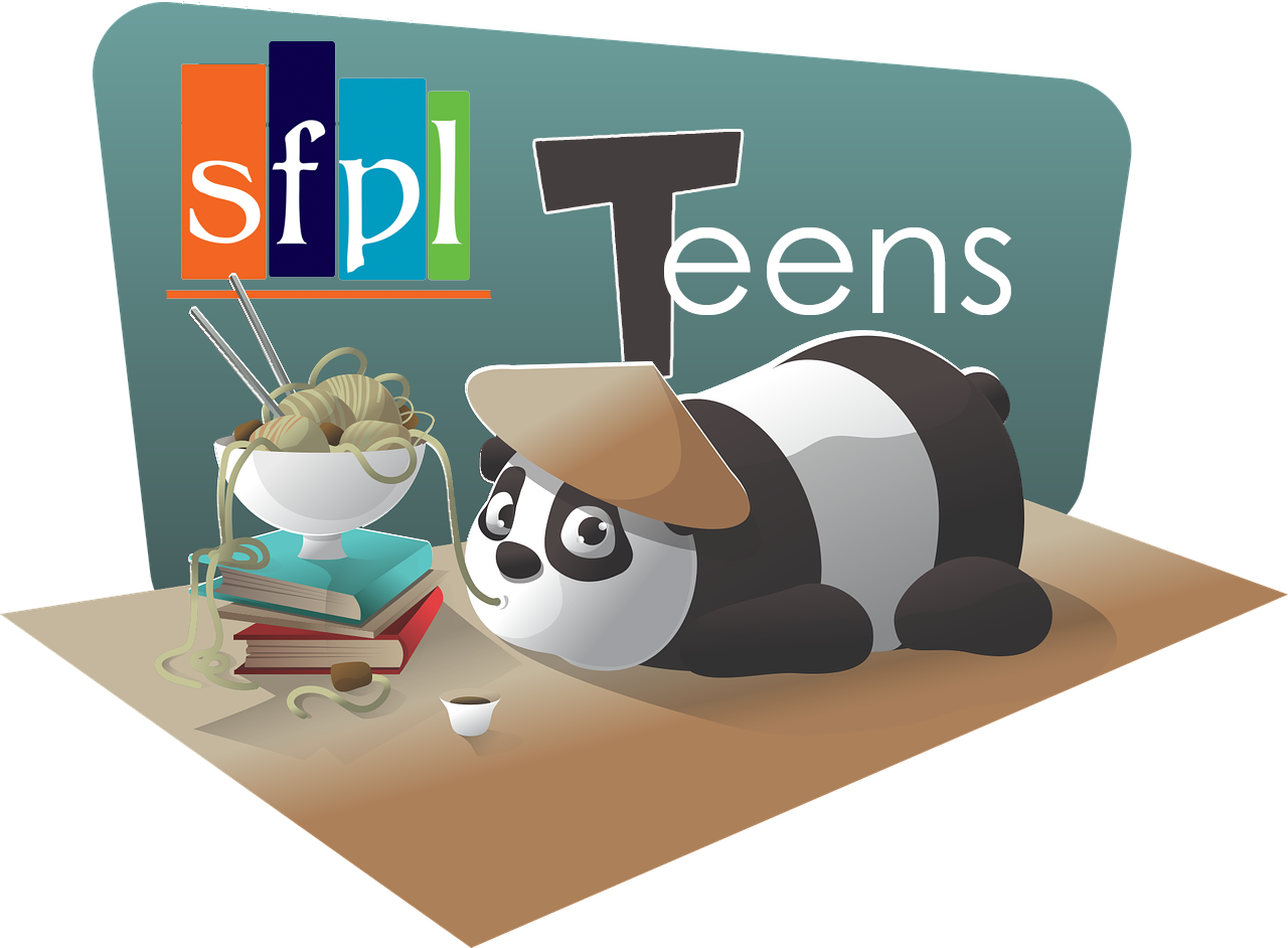 sfpl Teens title image with panda lying on a table slurping noodles out of a ramen bowl