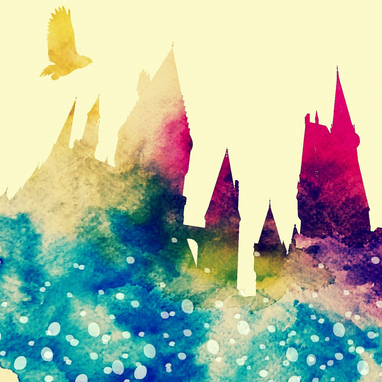 Graphic bold color Hogwarts silhouette with owls flying 