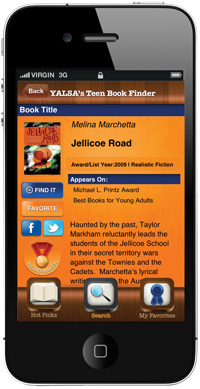 YALSA Bookfinder app showing on the screen of a cell phone