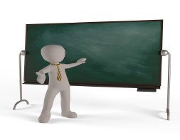 Chalk board with figure wearing a tie pointing at the chalkboard Chalk board with figure wearing a tie pointing at the chalkboard