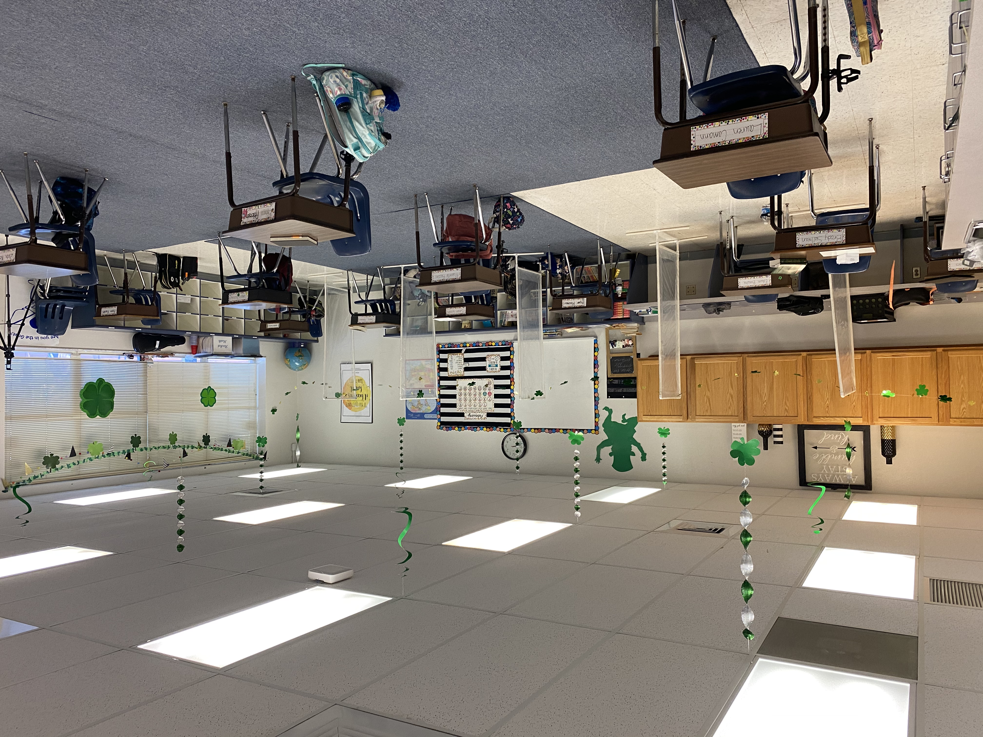 Mrs. Pooley's room after the leprechaun left surprises for the Escape rooms.