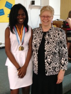 Amaria Simmons, pictured here with Sr. Dianne Rumschlag, was awarded the Townsend Scholarship and the Sisters of Notre Dame Distinguished Graduate Award