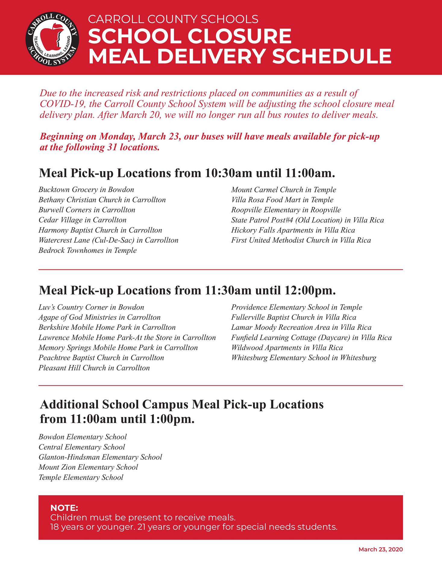 School Closure Meal Delivery Schedule School Closure Meal Delivery Schedule