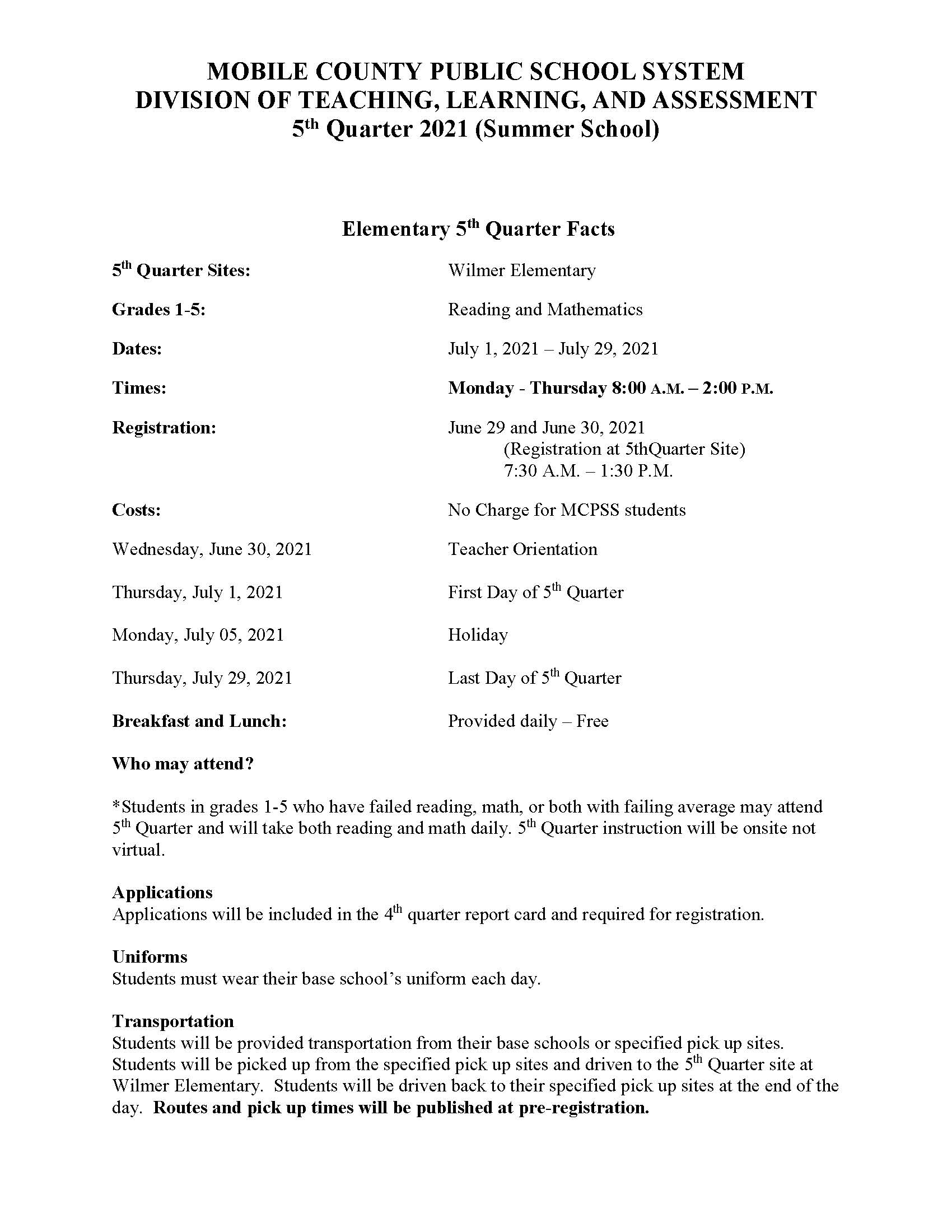 5th Quarter Fact Sheet 5th Quarter Fact Sheet