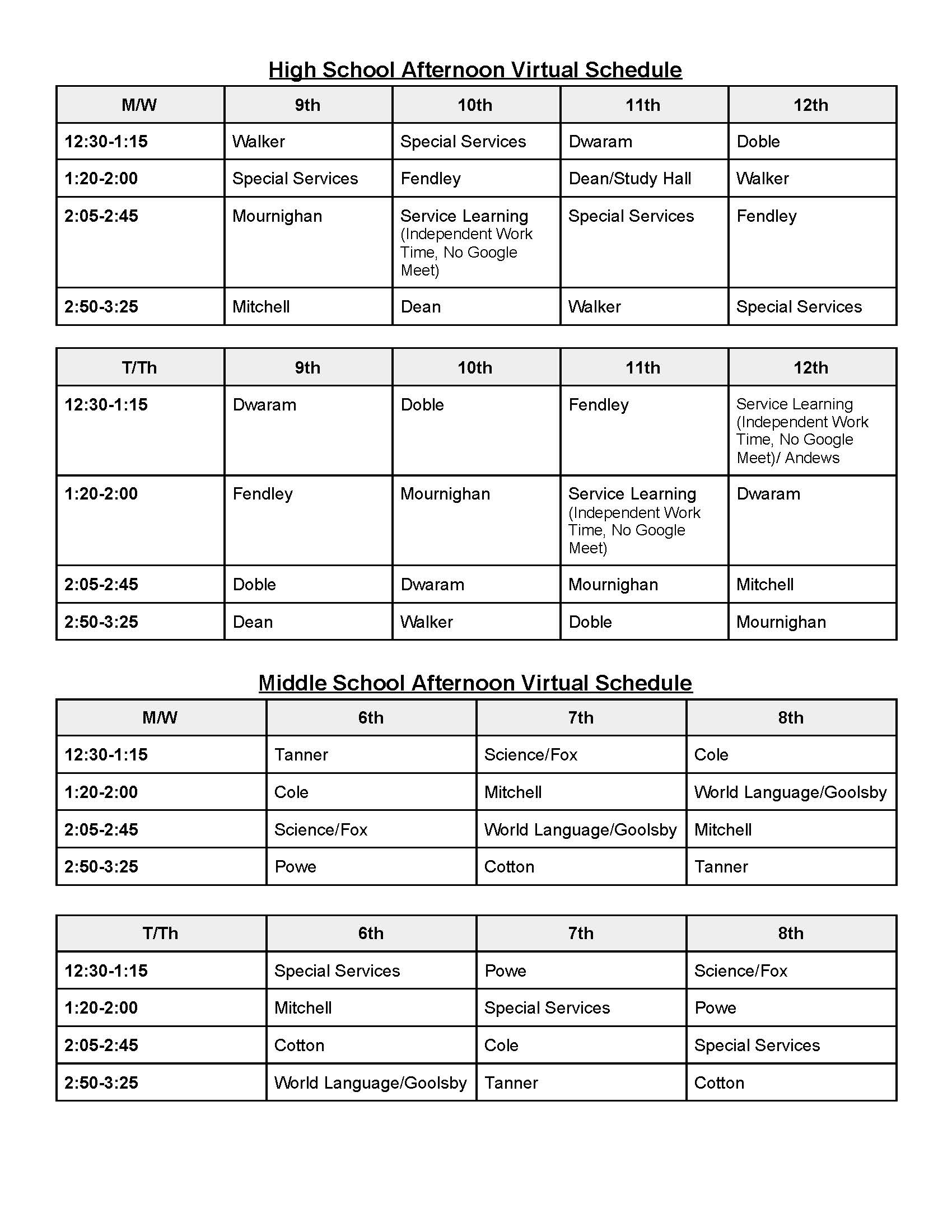 MS & HS Virtual Schedule MS & HS Virtual Schedule