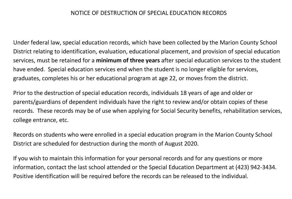 Notice of Destruction of School Records