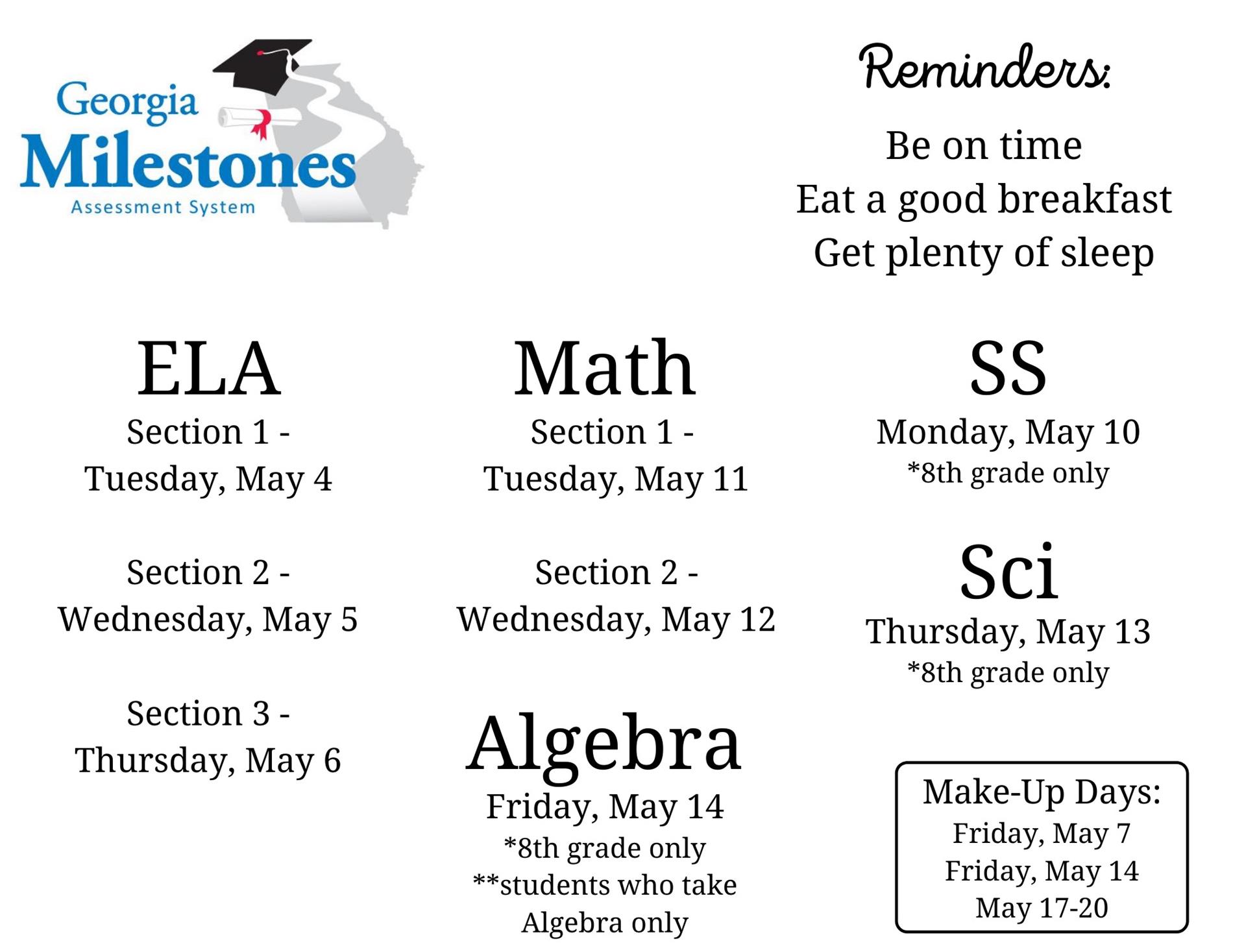 Ga. Milestones Testing Dates