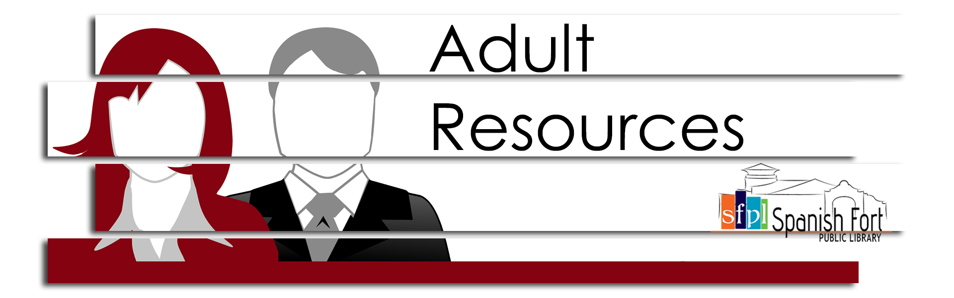 Adult Resources image banner with male and female figures in business attire shown from chest up burgundy and white color palette