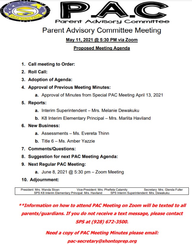 TUESDAY, MAY 11 530 pm PARENT ADVISORY COMMITTEE AGENDA